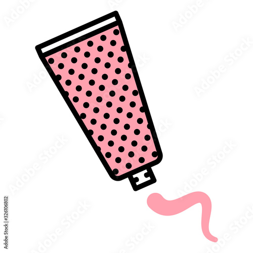 Vector icon squeezing cream tube with black stroke, pink and white fill and circles texture for design