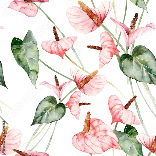 Seamless pattern with anthuriums watercolor painting