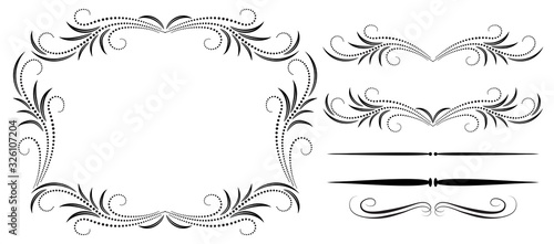 Set vintage symmetric ornament, frame and decorative divider for greeting card, invitation postcard or text