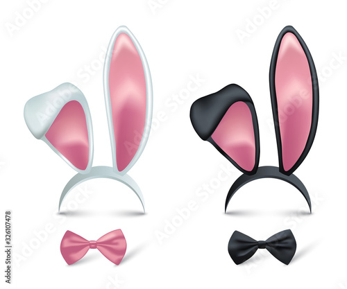 Rabbit ears and bows realistic 3d vector illustrations set. Easter bunny kid headband, mask collection. Hare costume pink cartoon element. Photo editor, booth, video chat app color isolated cliparts.