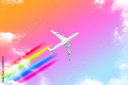 Fototapeta Naklejka Na Ścianę i Meble -  modern airplane with rainbow contrails against colorful sky background. Aerial top down view of passenger plane flying. Air travel by aircraft abstract copy space mockup. Fancy aviation wallpaper