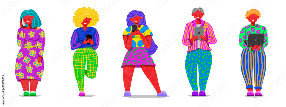Fototapeta premium Social media illustration. Women with smartphone, man with laptop and man with ipad. Set of social media illustration.