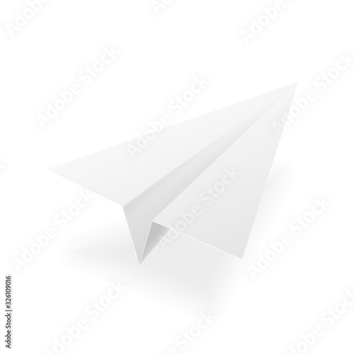 Paper plane vector realistic 3D mockup. White paper airplane jet isolated blank model