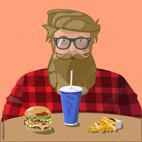 Concept of fastfood and hipster or male. Burger, cola and fries illustration. Fastfood set. Stock vector illustration.