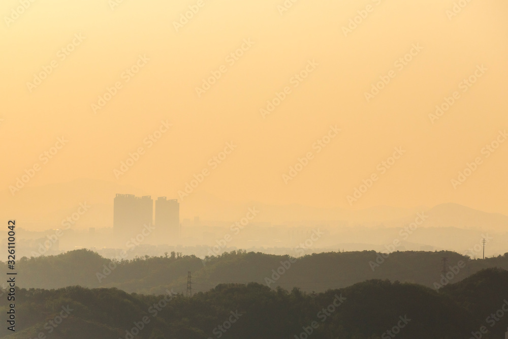 Smog in big city, air pollution in city environment. Concept of ecology.