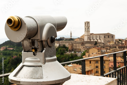 Panorama of the city of Perugia, with telescope for tourists
