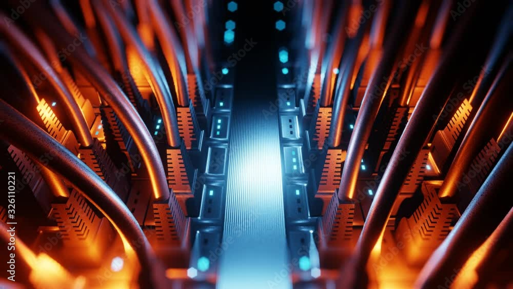 Close-up view of modern internet network switch with plugged ethernet cables. Blinking blue lights on internet server. 4k 3d endless loop.