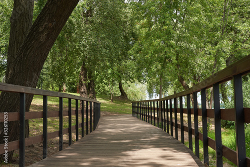 Wooden bridge in the park. Landscape on a spring sunny day