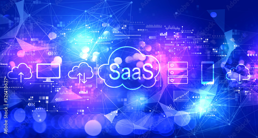 SaaS - software as a service concept with technology blurred abstract light background SaaS - software as a service concept with technology blurred abstract light background