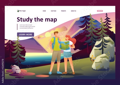 Young people study the map of the forest, camping. Flat 2D character. Landing page concepts and web design