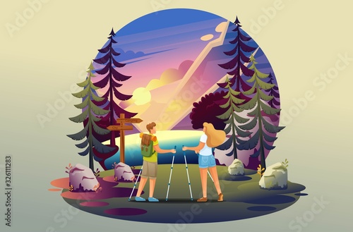 Bright illustration of camping, young people walking in the woods, Nordic walking. Flat 2D characters