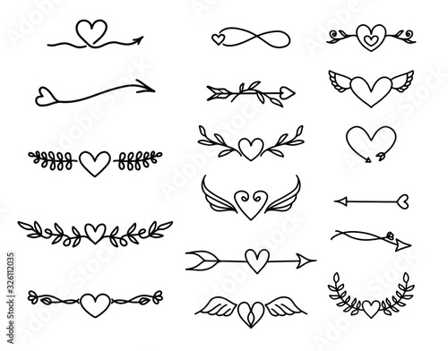 Hearts set icon. Vector illustration of handmade hearts set of design elements. Arrow 