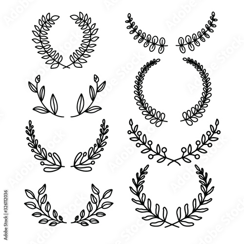 Collection of different black and white silhouette circular laurel foliate, and olive wreaths depicting , achievement, heraldry, nobility. Vector illustration.