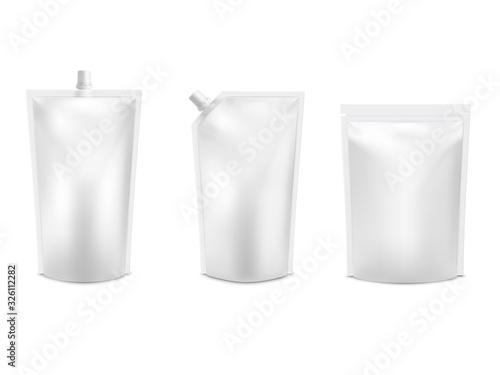 Realistic 3D White Blank Doy Pack Mock up set. Vector Doypack Template Packing with and without screw cap