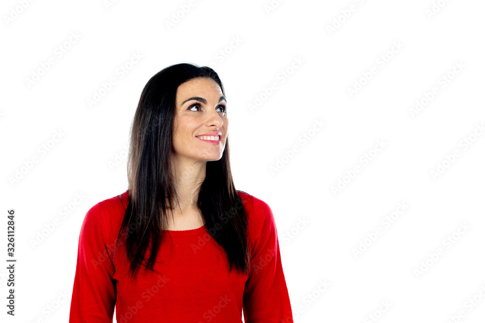 Attractive mature woman wearing red jersey Attractive mature woman wearing red jersey