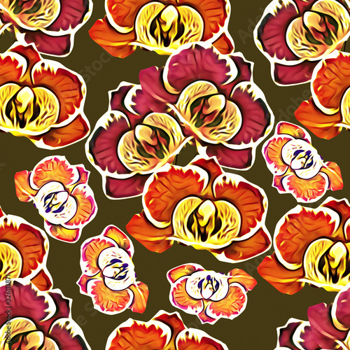 Abstract orchid flowers, seamless pattern, art.