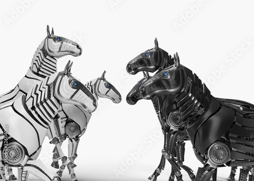 Mechanical horses on white backgroud . 3d render © Sergii