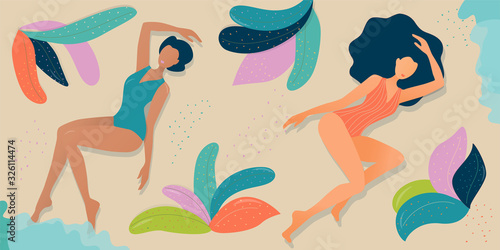 two beautiful ladies with dark and white skin in swimsuits are lying and relaxing on the sand beach with green fresh tropical leaves, flat vector illustration