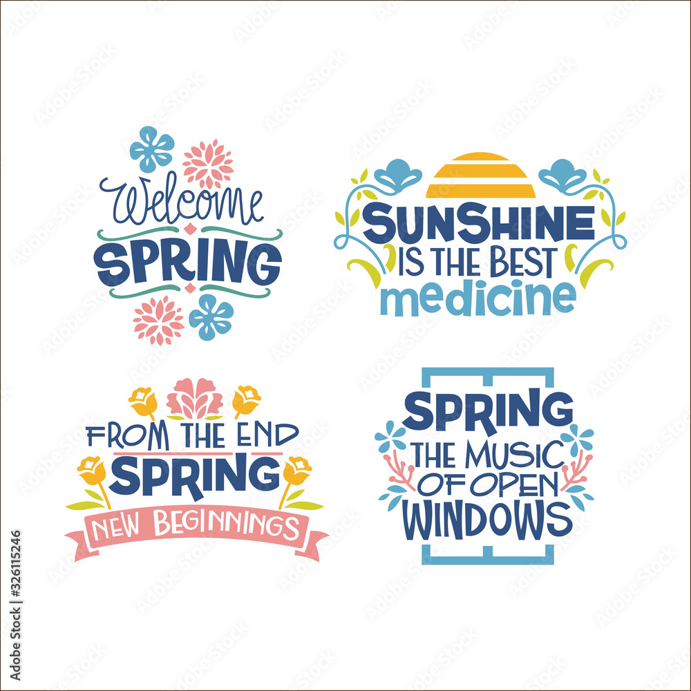 Set of Springtime Phrase Quote Vector Illustration with handwriting and Flowers Blossom