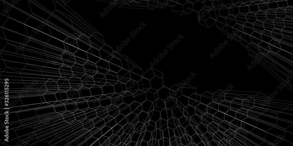 Perspective grid hexagonal surface.Linear 3d illustration. Perspective grid hexagonal surface.Linear 3d illustration.