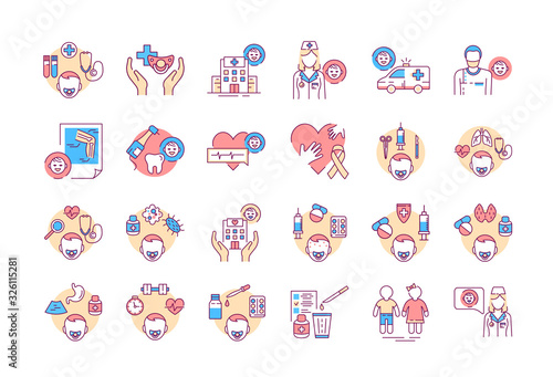 Pediatrics color line icons set. Medical health care sign. Childcare concept. Pictogram for web page, mobile app, promo. UI UX GUI design element.