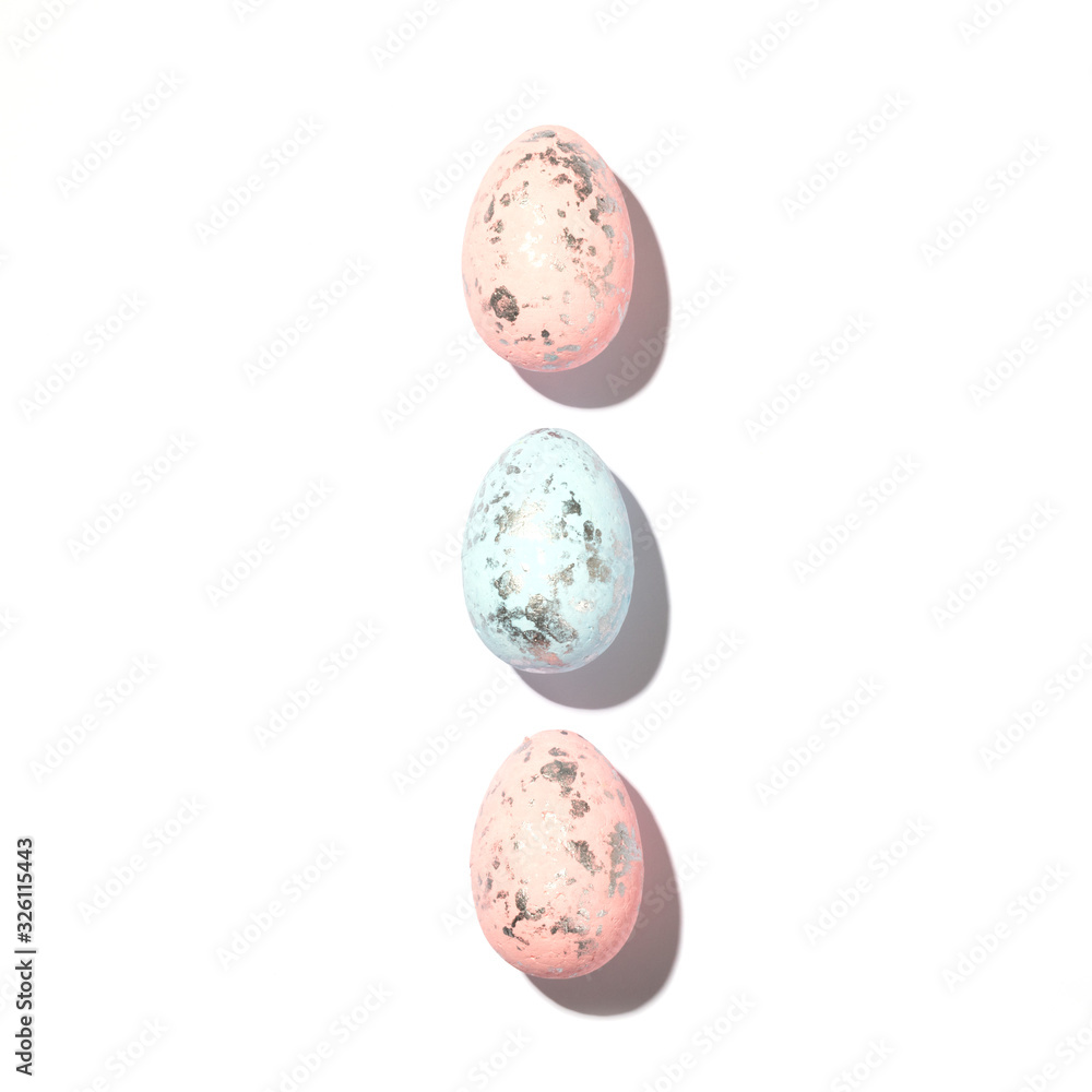 Easter colored eggs isolated on white background. Fashionable harsh sunlight.