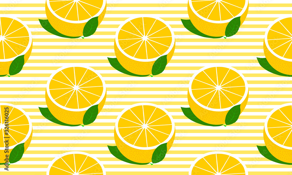 Seamless background with stripes and half grapefruit with leaves. Vector fruit design for pattern or template.