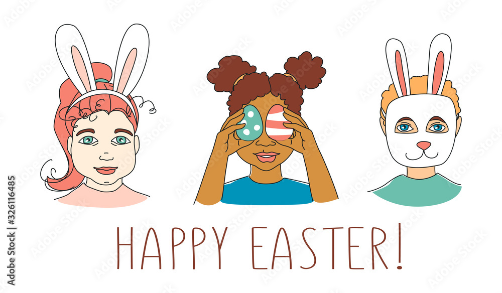 Fototapeta premium Diverse Kid's Children's heads Happy Easter Greeting card