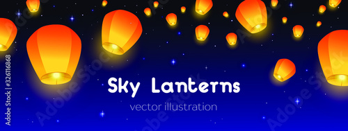 Flying Sky lanterns horizontal banner. Background Diwali festival, Mid Autumn Festival or Сhinese festive. Luminous floating lamps in the night sky with place for text. Color vector illustration