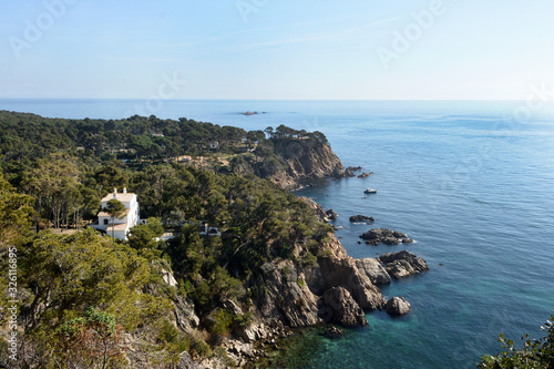 landscape near the beach of Castell in the background the Formigues Islands, Palamos, Costa Brava, Girona province, Catalonia, Spain photo