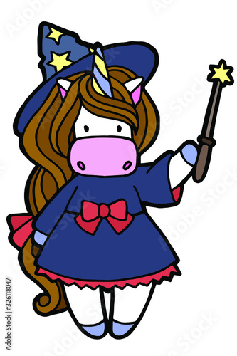 Vector illustration. Hand drawing. Cartoon witch unicorn with a magic wand in hand. Isolated on white. Cute character. Original print. Halloween illustration.