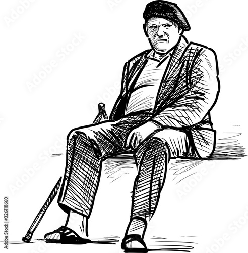 Freehand drawing of senior man with stick sitting on park bench and resting