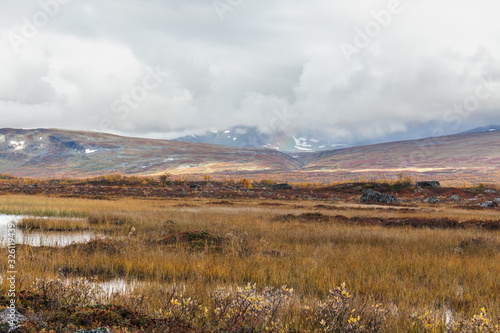 Sarek National Park in Lapland view from the mountain  autumn  Sweden  selective focus