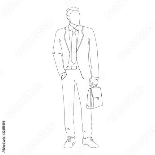A man in a business suit with a briefcase in his hand one line drawing on white isolated background. Vector illustration