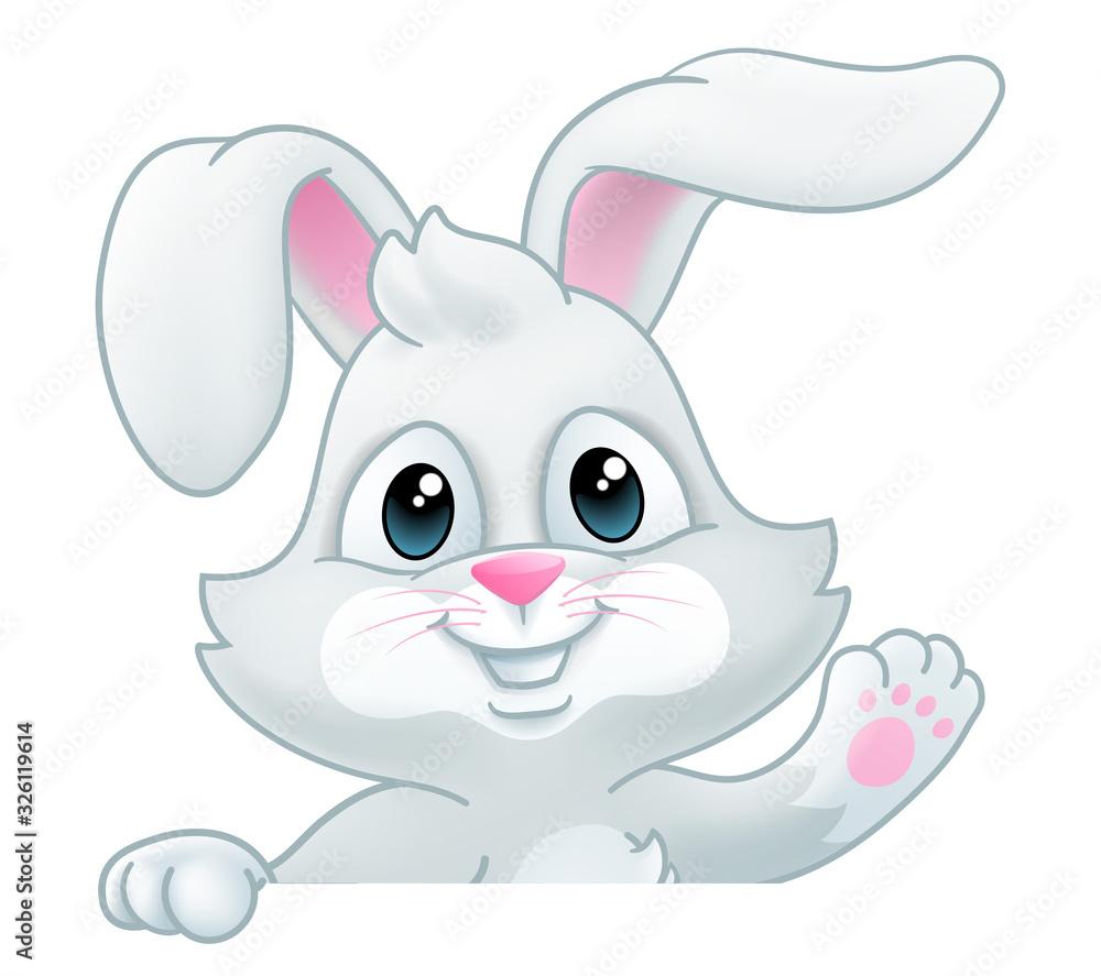 Easter bunny rabbit cartoon character peeking over a sign background and waving