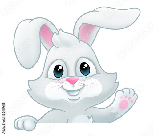 Easter bunny rabbit cartoon character peeking over a sign background and waving