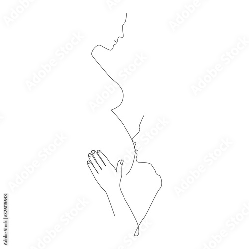 A man kisses the belly of a pregnant woman one line drawing on white isolated background. Vector illustration 