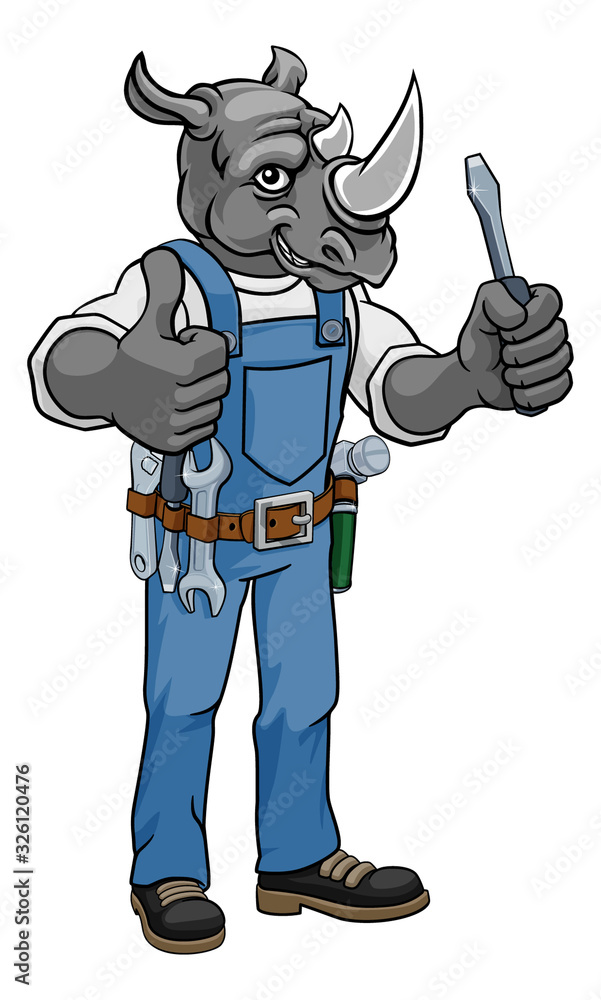 A rhino electrician, handyman or mechanic holding a screwdriver A rhino electrician, handyman or mechanic holding a screwdriver