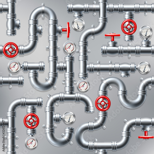 Background pipes and water sewage plumbing or industrial gas pipe system gauges and fittings pattern. Seamlessly tillable design