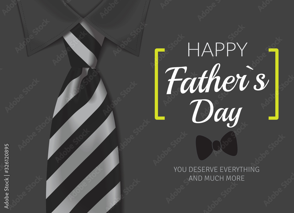 Happy father`s day greeting card.  Fathers day background with calligraphic text with black and white tie and white shirt - obrazy, fototapety, plakaty 