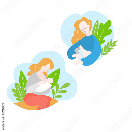 Mother during breastfeeding newborn baby. Position for feeding. Motherhood and childhood. Cartoon Woman pumps breast milk