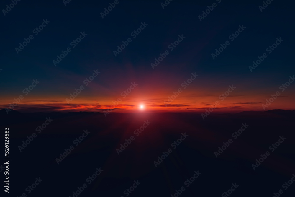 majestic abstract sun set landscape wallpaper pattern twilight picture dark blue and orange colors horizon background and light glares with empty copy space for your text