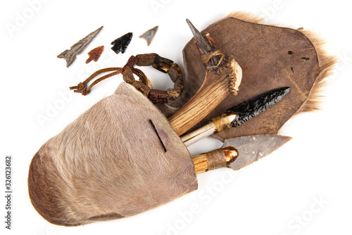 Stone Age with Tools Handbag on white Background photo