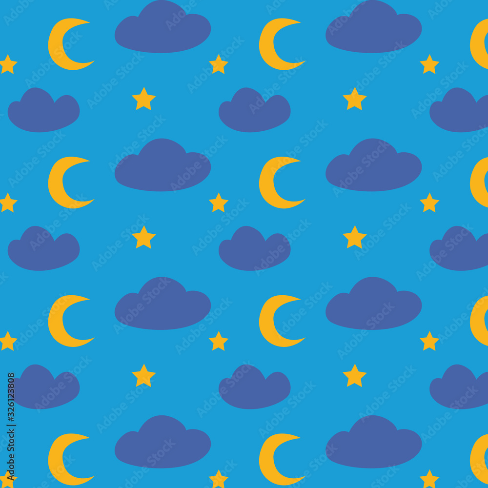 Obraz Śliczne gwiazdy, chmury i księżyc. Ilustracja dla dzieci. Prosty jasny wzór. Projekt na tekstylia, papier pakowy. Styl skandynawski. Dziecięce. Pocztówka, ubrania. Pojęcie nocy, snu. Wektor