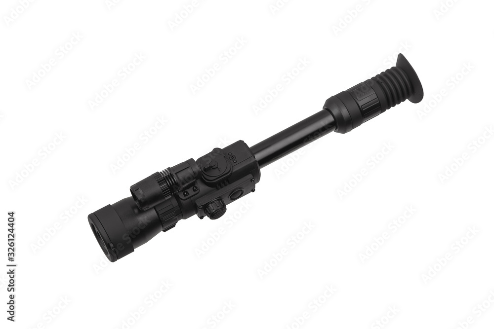 modern black optical scope for weapon isolated on whited. sight scope isolated on white back. modern black optical scope for weapon isolated on whited. sight scope isolated on white back.