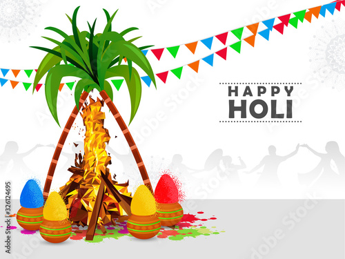 Happy Holi. Traditional Indian festival of colors . Illustration of holika dahan and element sugarcane, holi color powder in decorative background. photo