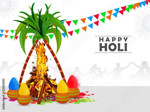 Happy Holi. Traditional Indian festival of colors . Illustration of holika dahan and element sugarcane, holi color powder in decorative background.