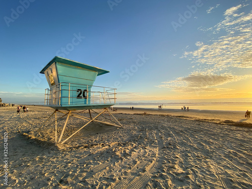 Lifeguard tower on the Coronado Beach during sunset time. San Diego, California, USA.