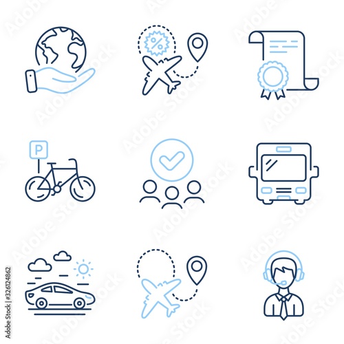 Airplane, Bicycle parking and Flight sale line icons set. Diploma certificate, save planet, group of people. Bus, Car travel and Shipping support signs. Plane, Bike park, Travel discount. Vector