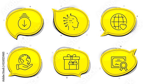 Artificial intelligence sign. Diploma certificate, save planet chat bubbles. International love, Scroll down and Delivery boxes line icons set. Internet dating, Swipe screen, Birthday gifts. Vector